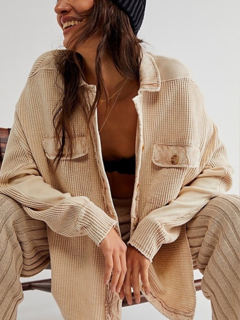 Free People One Scout Shacket Beige Waffle Knit Ruffle Button Front Jacket L